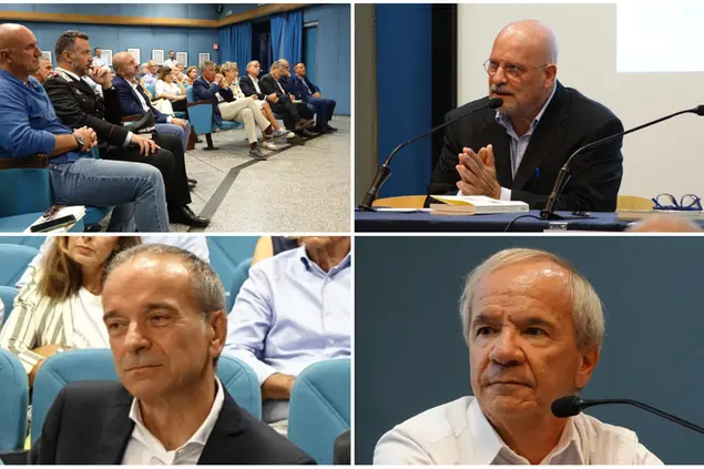 Dall'alto a sinistra in senso orario: l'incontro, Sergio Zuncheddu, Graziano Canu e Antonello Menne (L'Unione Sarda)