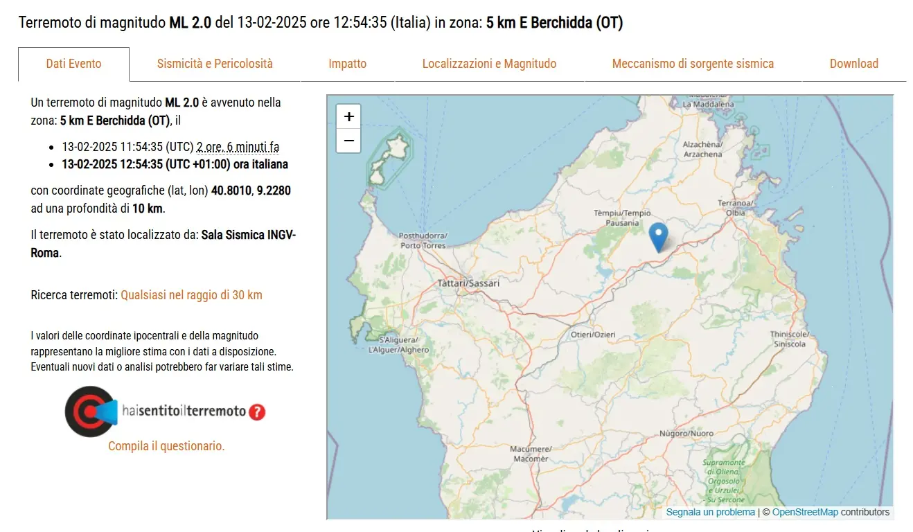 Terremoto a Berchidda, la rilevazione dell'Ingv