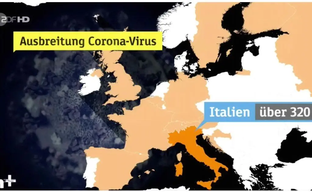 La ZDF, la tv nazionale tedesca, evidenzia l'Italia nella mappa della diffusione del Coronavirus