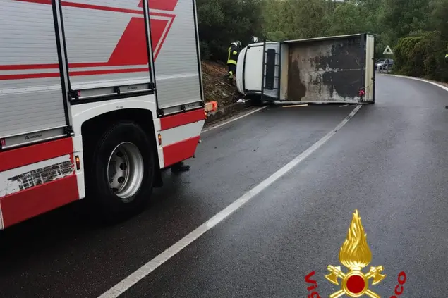 Il camion ribaltato (foto Vigili del fuoco)