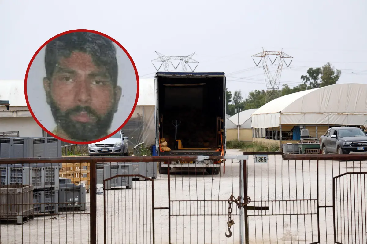 Satnam Singh (nel tondo) morì dopo essere stato abbandonato con il braccio in una cassetta della frutta (Ansa)