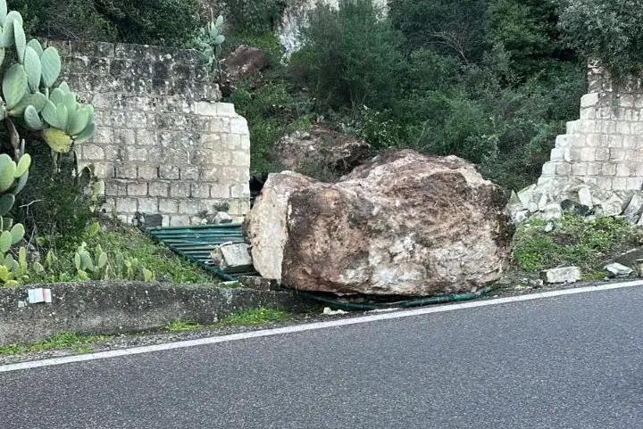 Cuglieri, il grosso masso caduto sulla 292 (foto Pintus)