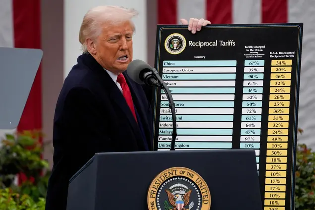 Donald Trump, presidente degli Stati Uniti, annuncia i dazi (foto Ansa)