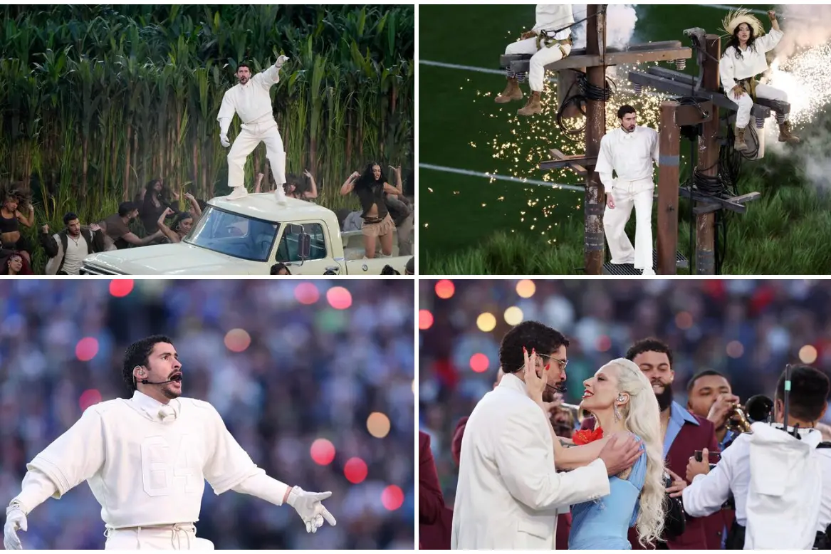 Quattro momenti dello spettacolare show di Bad Bunny al Super Bowl, in basso a destra con Lady Gaga (Ansa)