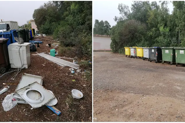 Rifiuti abbandonati e i cassonetti che verranno rimossi (foto Fiori)