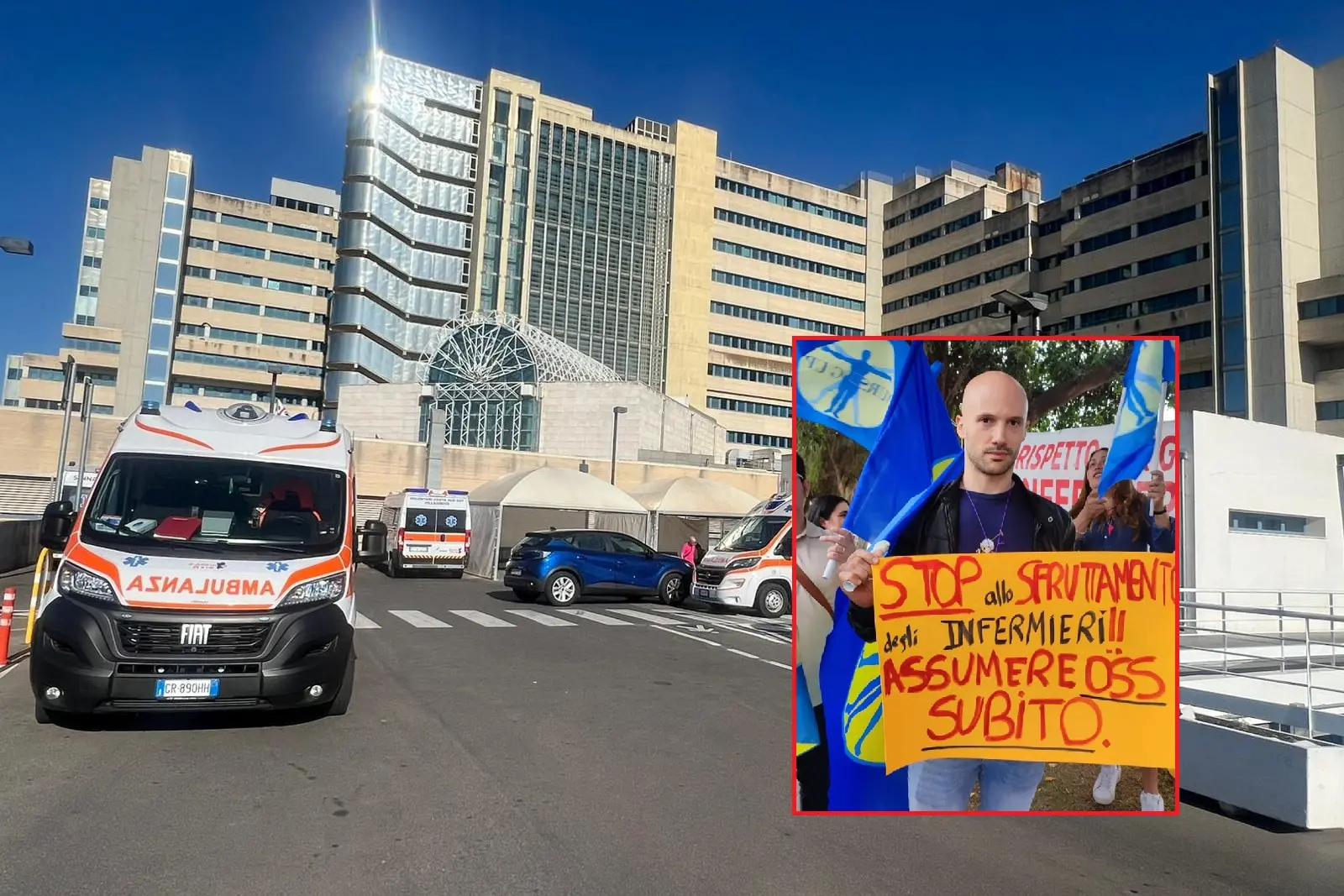 L'ospedale Brotzu e, nel riquadro, uno dei manifestanti