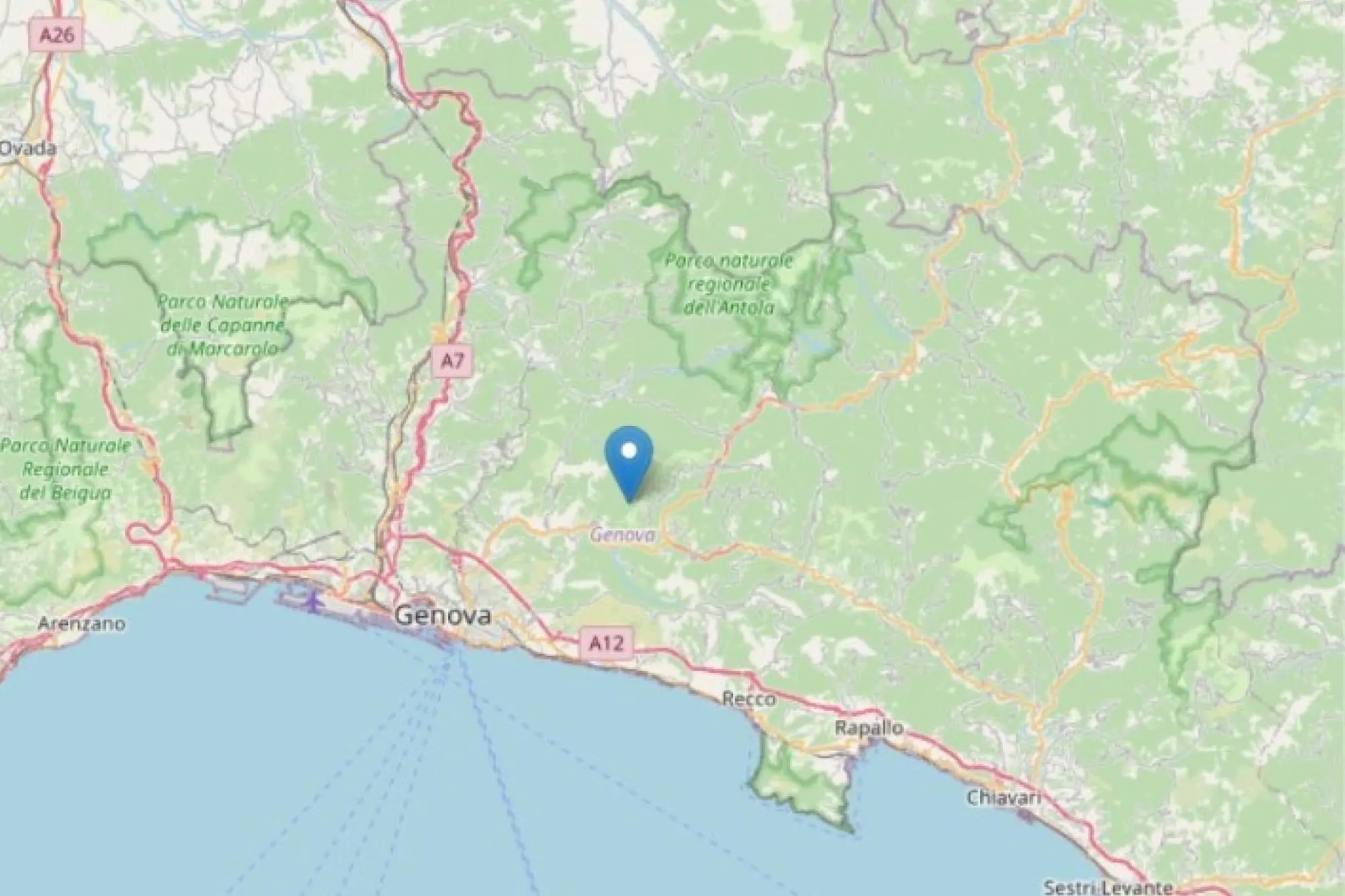 La cartina dell'INGV mostra l'epicentro della scossa di terremoto di magnitudo 3.5 a Davagna (Genova) (Ansa)