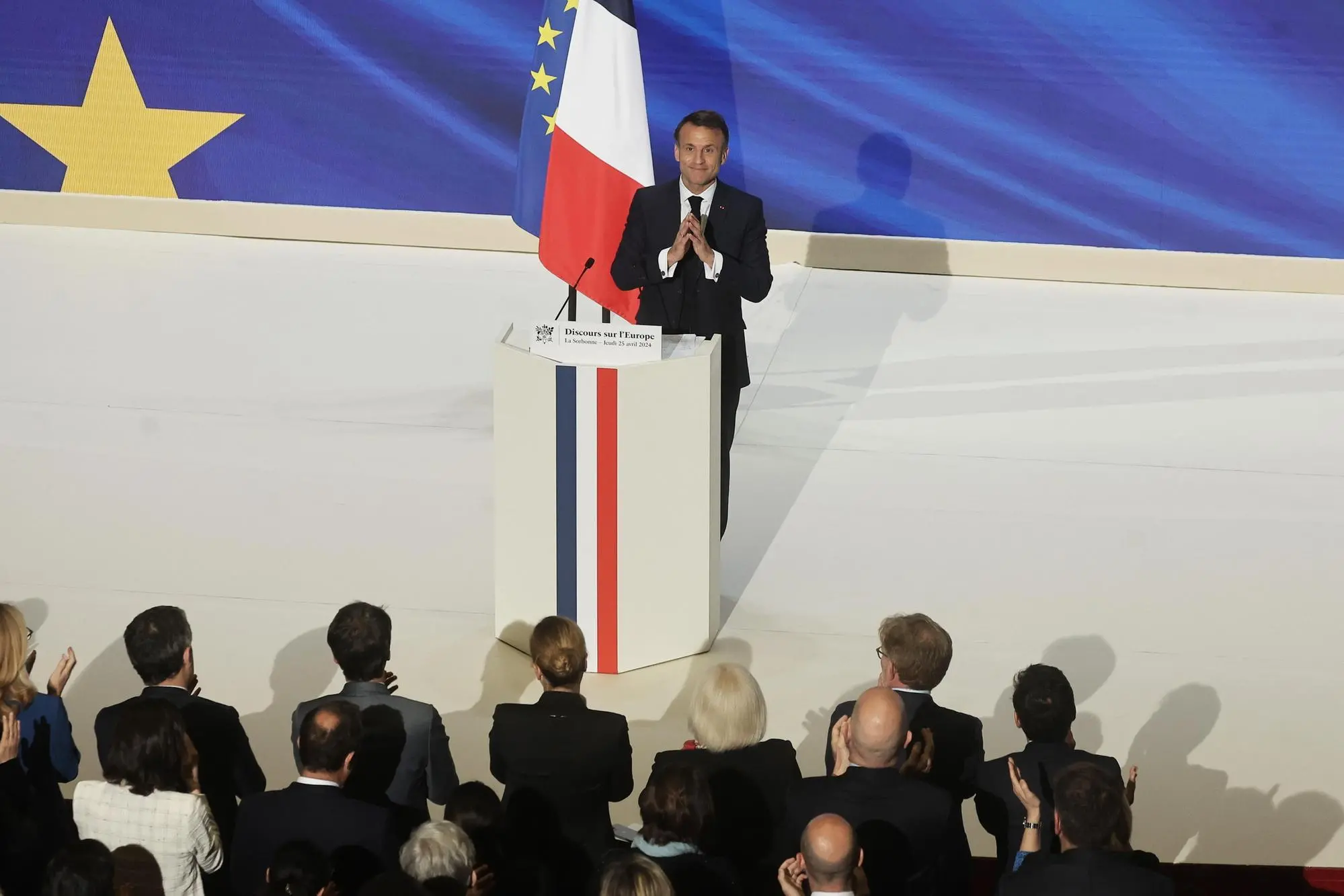 epa11299709 French President Emmanuel Macron at the end of his speech on Europe in the amphitheater of the Sorbonne University in Paris, France, 25 April 2024. Macron spoke about the future of the European Union nearly seven years after his previous speech and ahead of the European elections on 09 June. EPA/CHRISTOPHE PETIT TESSON / POOL