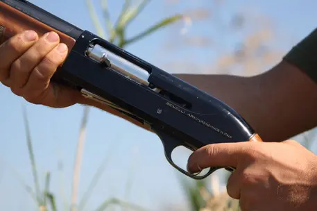 Un cacciatore impugna il fucile appostato in un campo in Toscana. FRANCO SILVI/ANSA