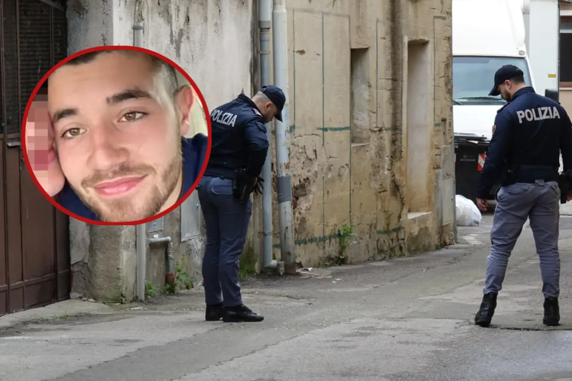 Polizia sul luogo del delitto e, nel tondo, Marco Mameli