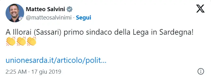 Il tweet di Salvini dopo l'elezione