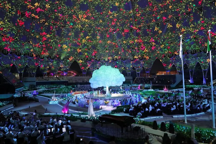 epa09498190 The glorious tree trunk rises at the performance center at Al Wasl Plaza at the EXPO site during the official opening ceremony of EXPO 2020, Dubai, United Arab Emirates on 30 September 2021. 192 countries will take part by their pavilions in the EXPO 2020 Dubai which is the first international Expo to be held in the Middle East, Africa and South Asia (MEASA) region running between 01 October 2021 to 31 March 2022. EPA/ALI HAIDER