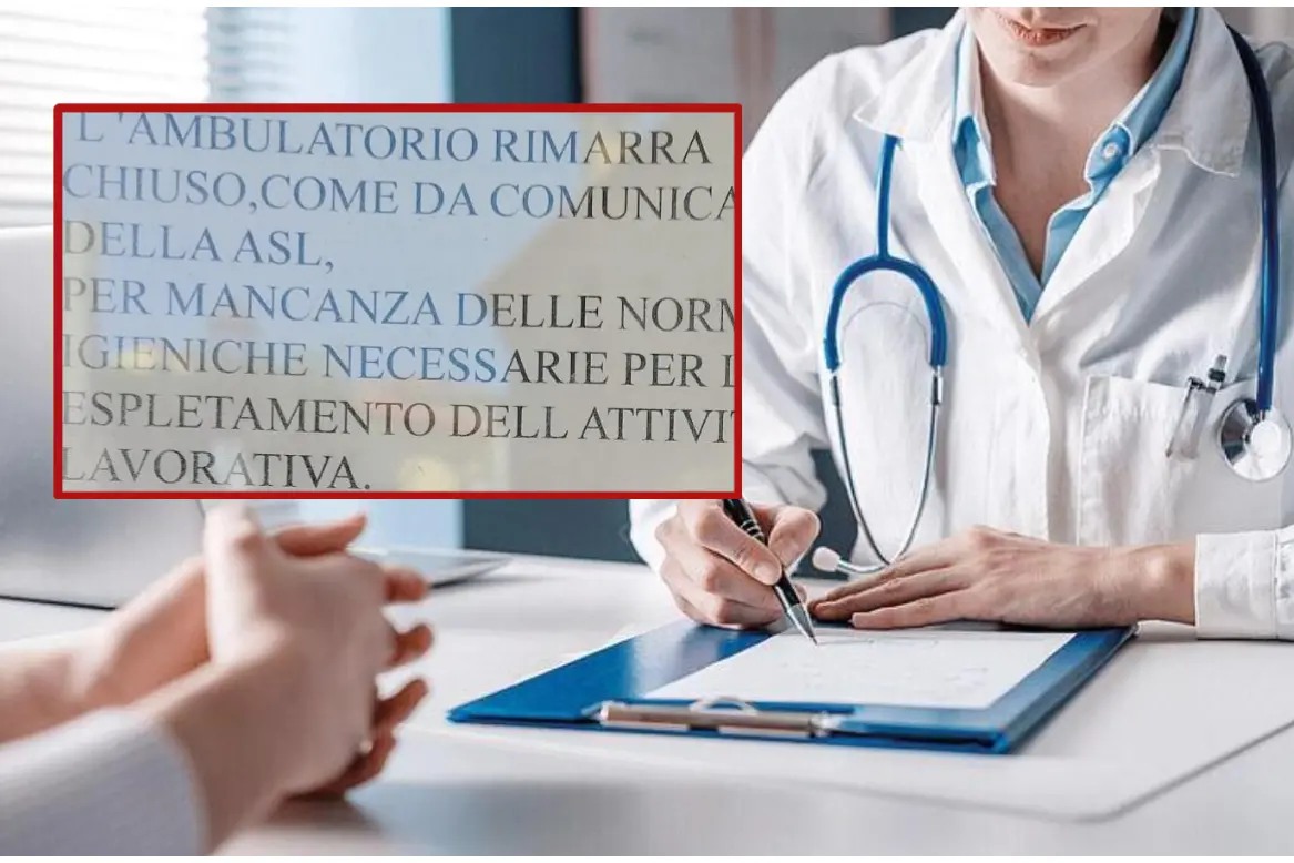 Un ambulatorio medico, immagine simbolo. A sinistra il messaggio lasciato fuori dall'ambulatorio a Villanovaforru (L'Unione Sarda/Facebook)
