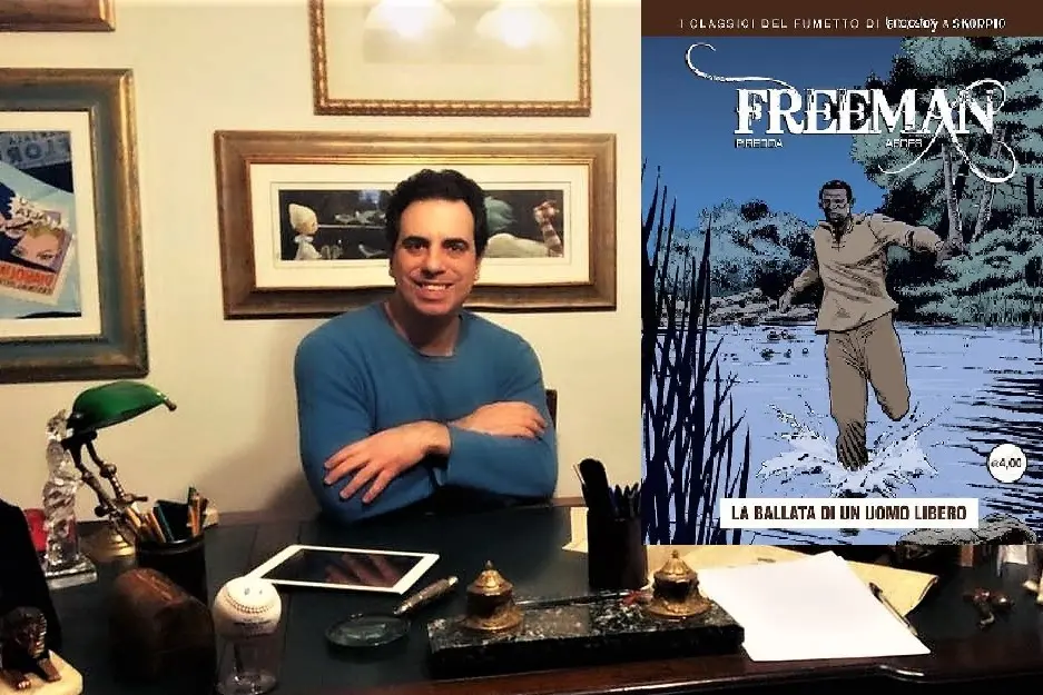 Gianluca Piredda con la copertina di un numero di "Freeman"