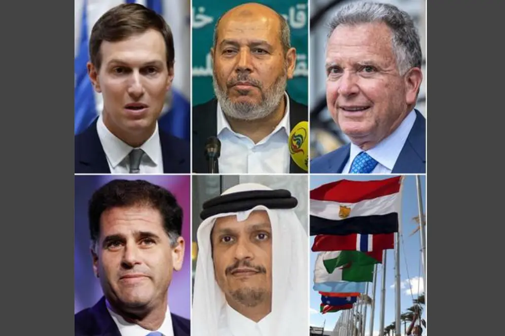 I negoziatori. In alto Jared Kushner, Khalil al-Hayya ,Steve Witkoff. Riga in basso: Ron Dermer, Mohammed bin Abdulrahman bin Jassim Al-Thani (Ansa - Epa)