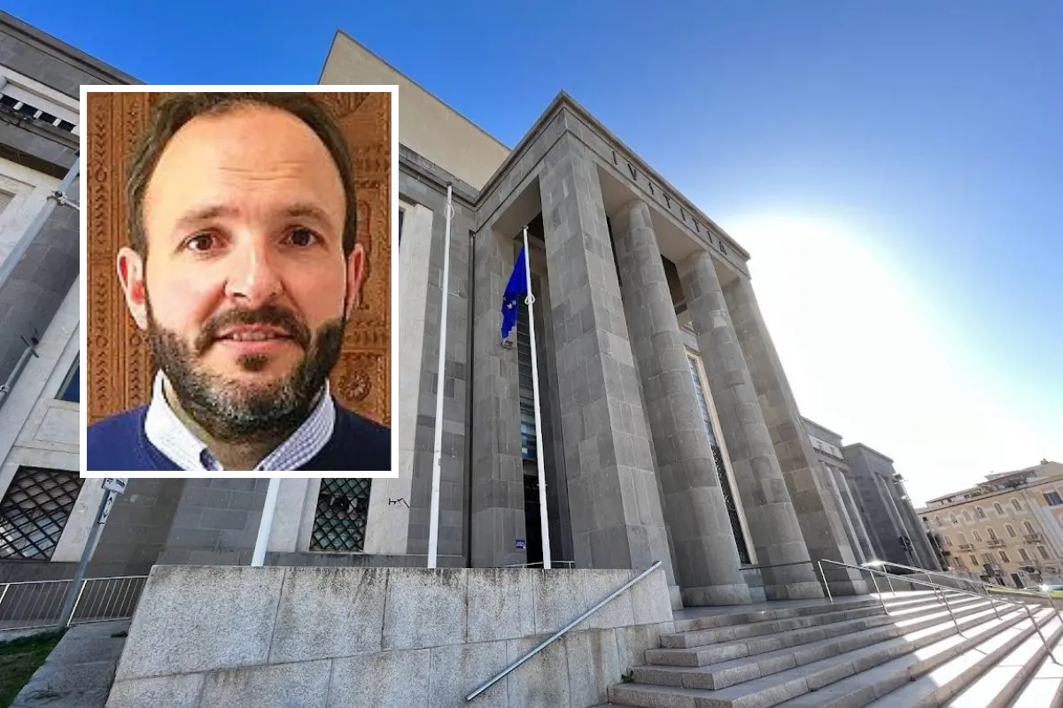 Il palazzo di giustizia di Cagliari e, nel riquadro, Luca Pilia