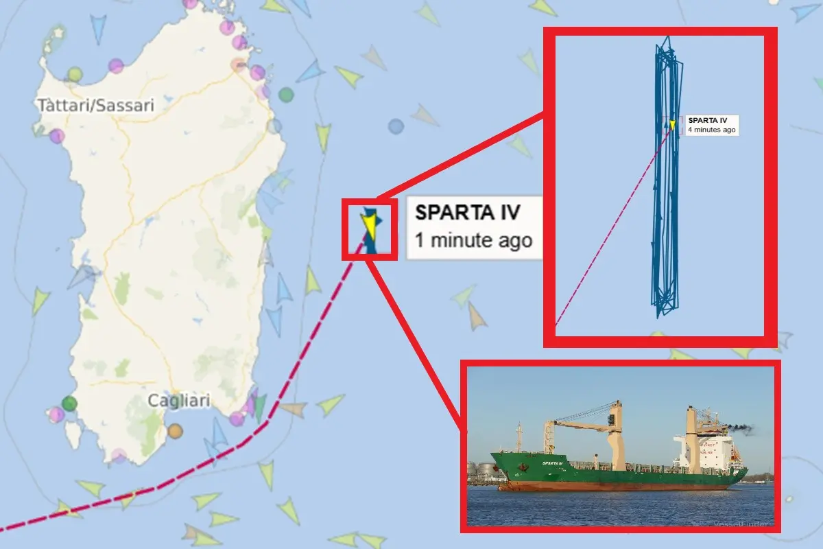 La rotta della nave a est della Sardegna