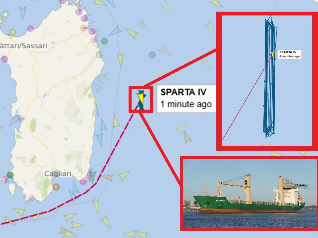 La rotta della nave a est della Sardegna