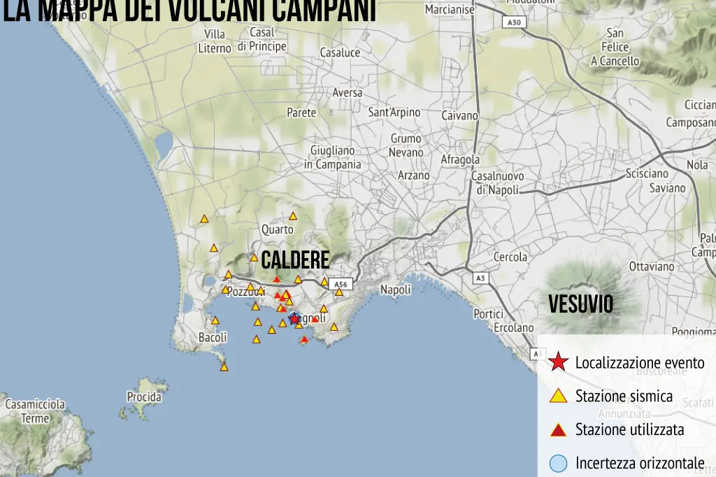 Nell'infografica GEA sono indicate le zone vulcaniche campane tra Napoli e Pozzuoli