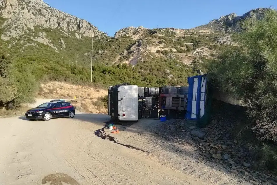 Il camion ribaltato (foto carabinieri)