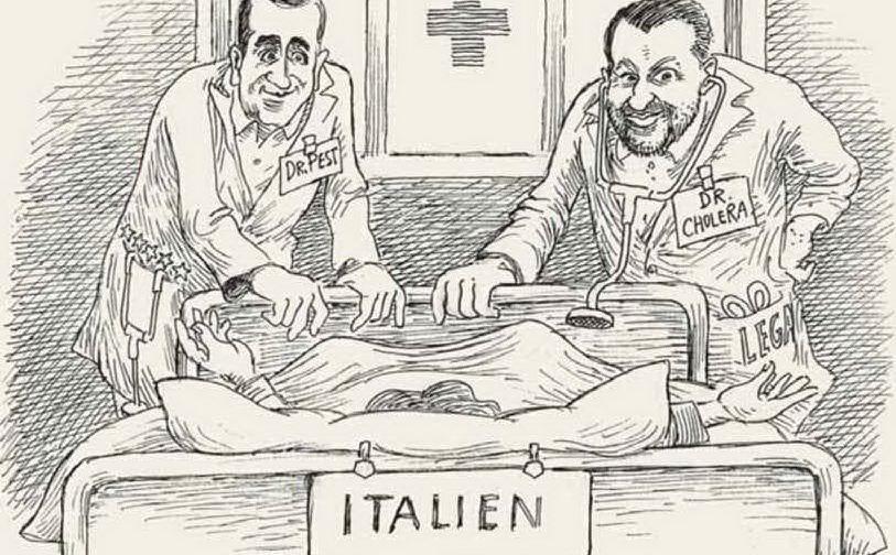 L'Italia in ospedale, curata dal dottor Peste (Di Maio) e il dottor Colera (Salvini), nella vignetta del Suddeutsche Zeitung