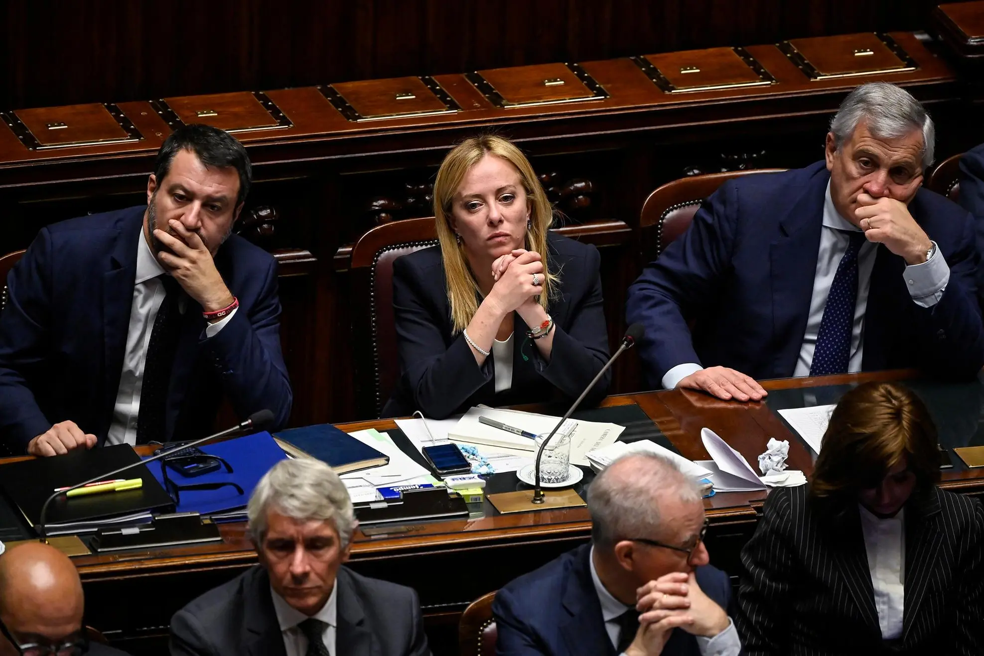 Italian Minister of Infrastructures and Transports, Matteo Salvini (L), Italian Prime Minister, Giorgia Meloni (C), and Italian Minister of Foreign Affairs, Antonio Tajani (R), ahead of a confidence vote for the new government, at the Chamber of Deputies, the lower house of parliament, in Rome, Italy, 25 October 2022. ANSA/RICCARDO ANTIMIANI
