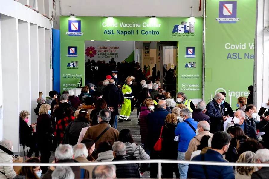 Folla davanti a un hub vaccinale (Ansa - Fusco)