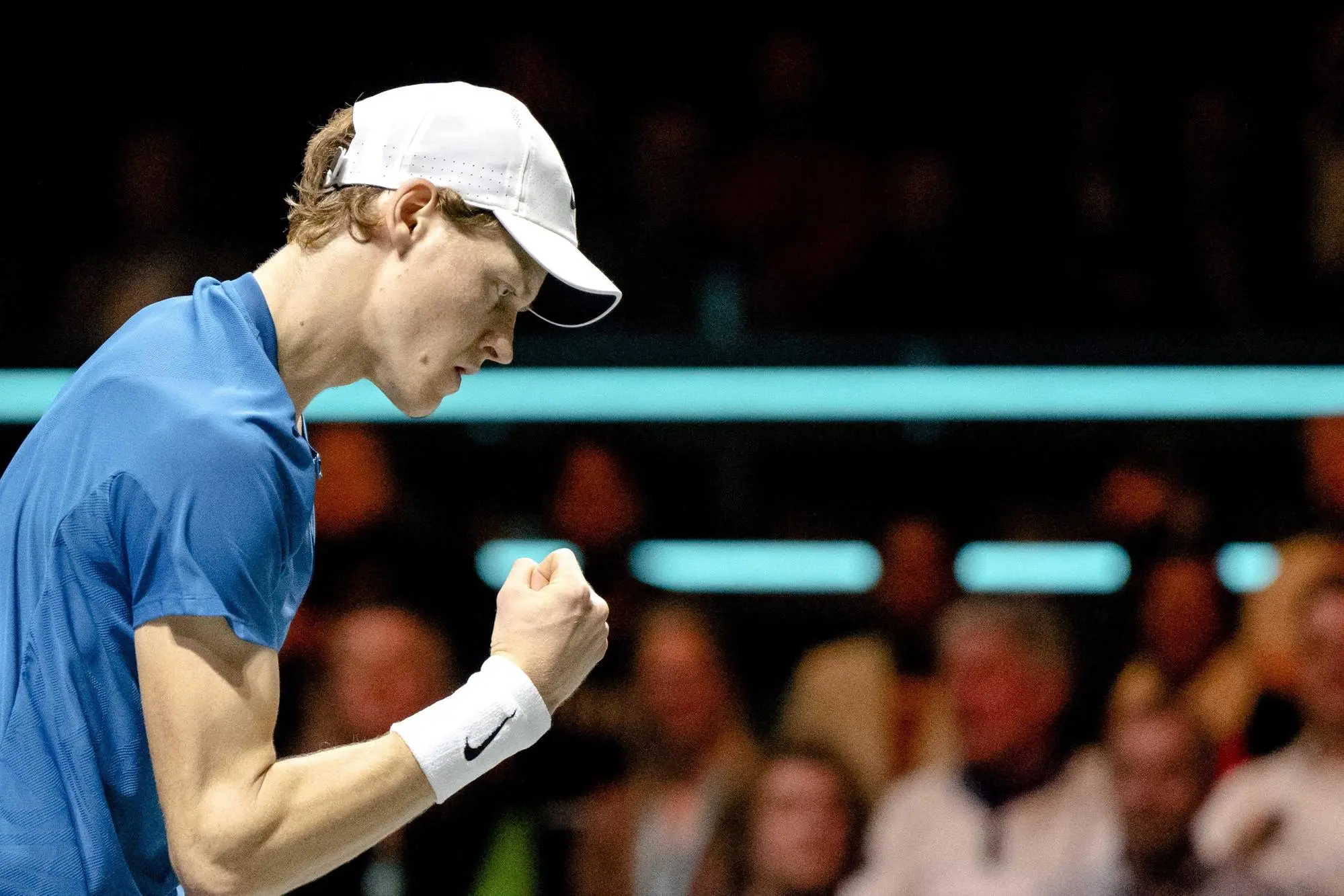 epa10471530 Jannik Sinner of Italy celebrates a point against Stefanos Tsitsipas of Greece during their second round match at ABN AMRO Open tennis tournament in Rotterdam, The Netherlands, 16 February 2023. EPA/Sander Koning