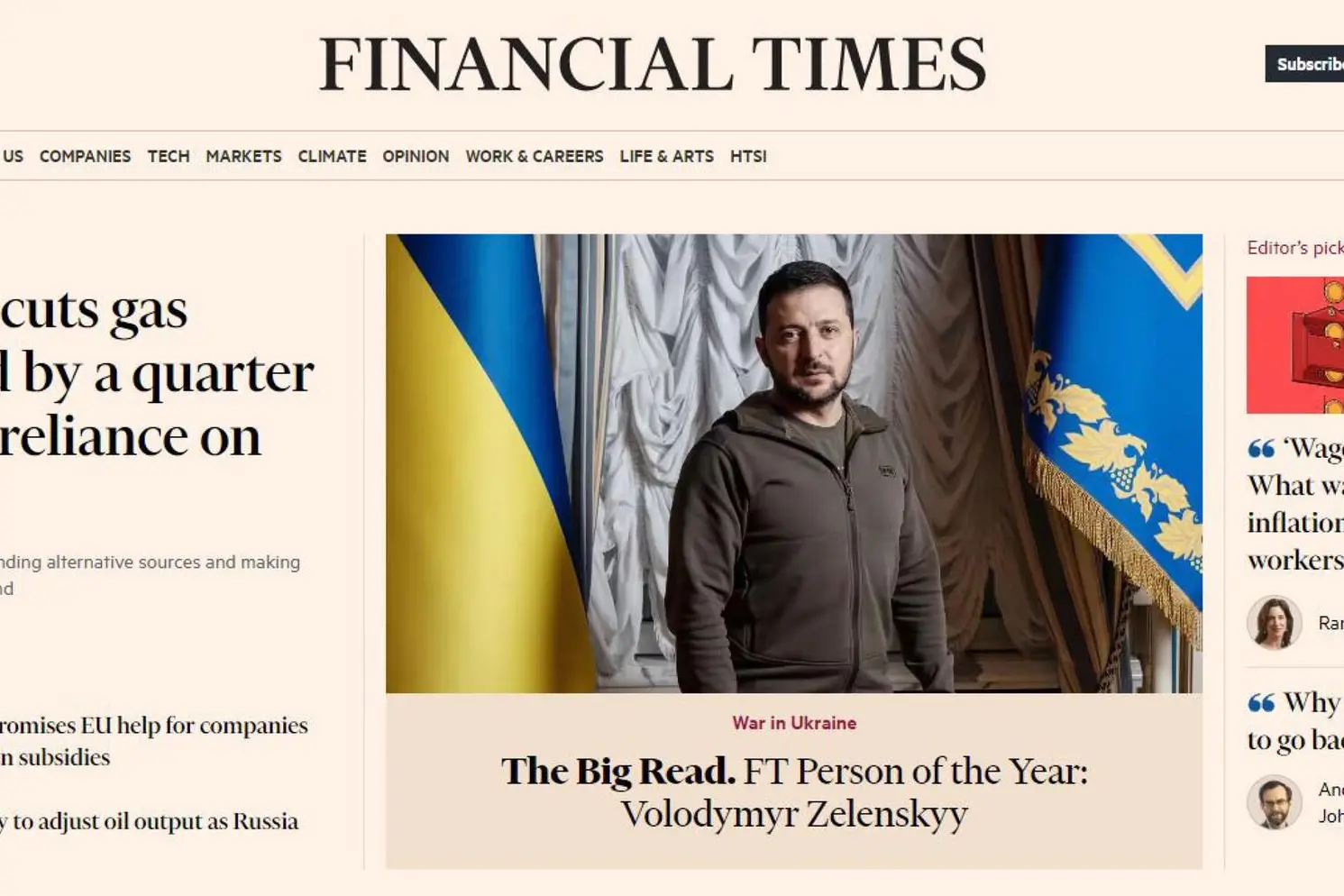Il Financial Times celebra Zelensky (Ansa)