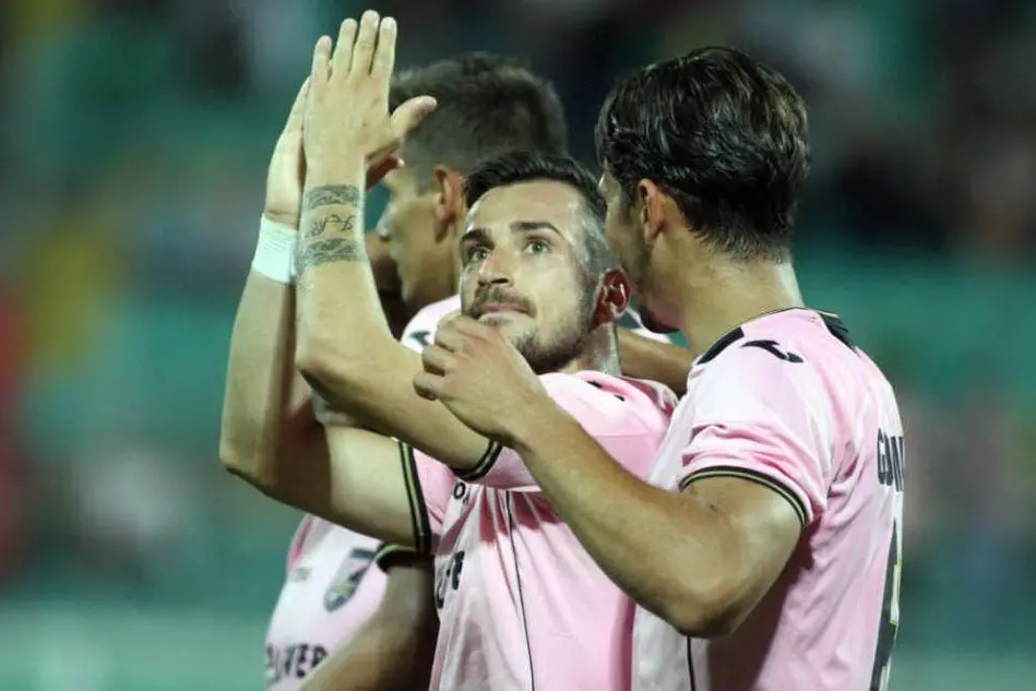 L'esultanza del Palermo dopo un gol di Nestorovski (Ansa)