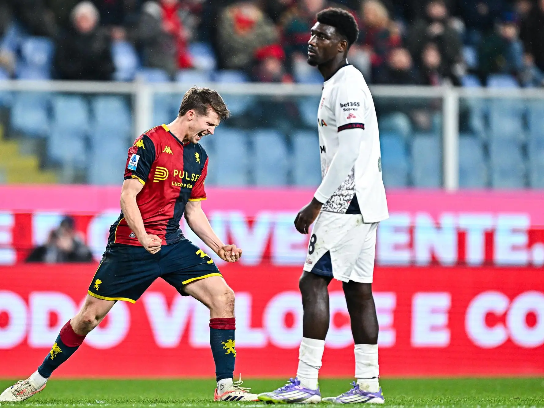 Genoa’s Danish midfielder Morten Frendrup (left) celebrates after scoring a goal during the Italian Serie A soccer match Genoa Cfc vs Cagliari Calcio at Luigi Ferraris stadium in Genoa, Italy, 12 January 2026. ANSA/STRINGER