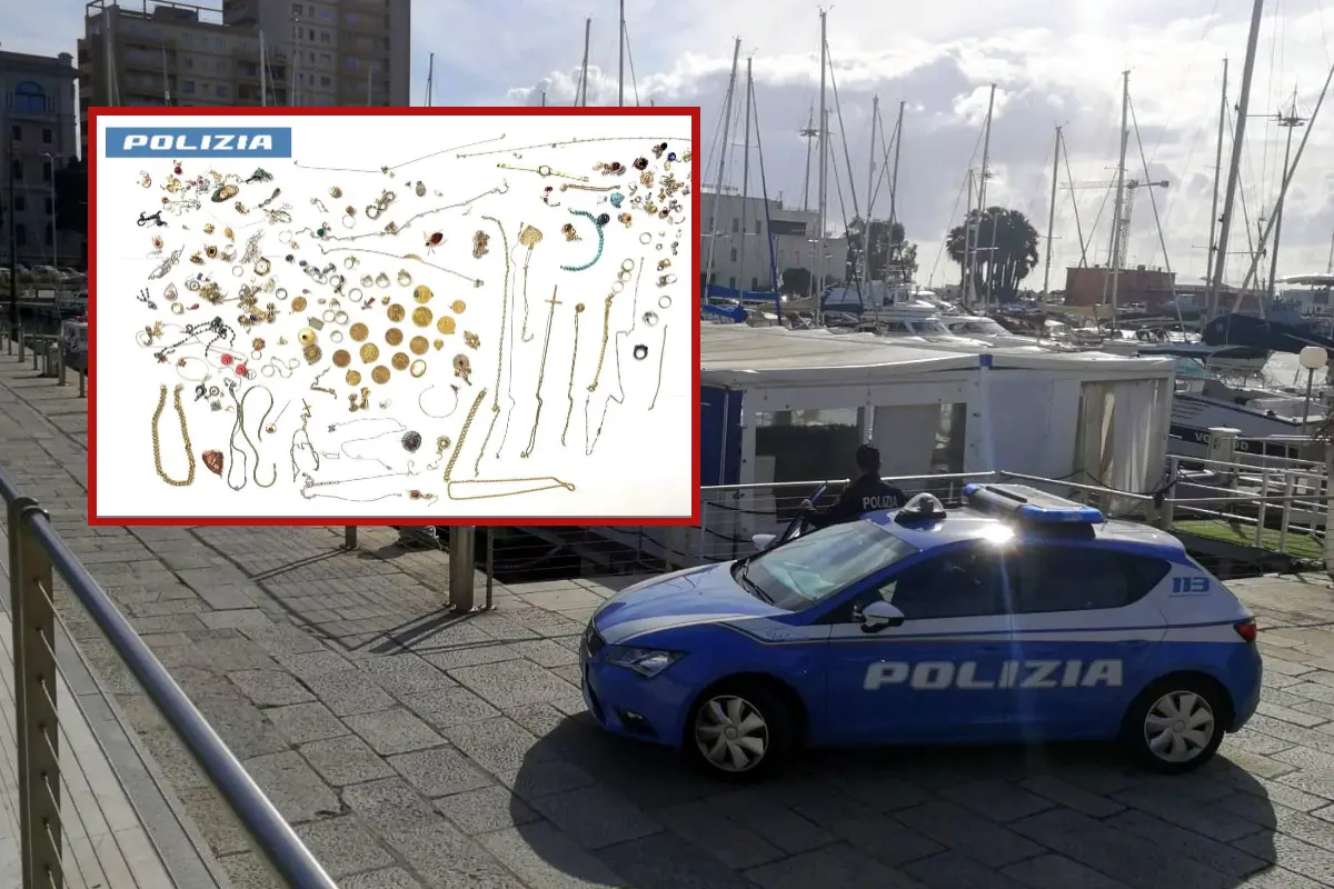 Polizia al porto di Cagliari e, nel riquadro, la refurtiva recuperata