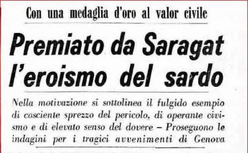 La prima pagina di cinquant'anni fa de L'Unione Sarda con la medaglia d'oro al valor civile in memoria di Alessandro Floris