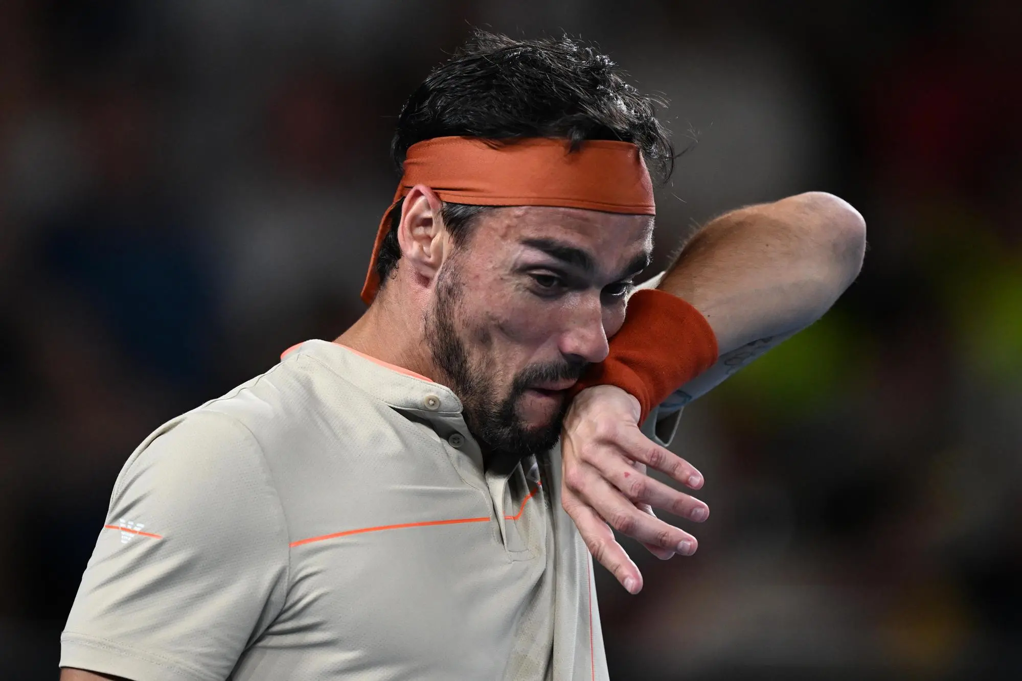 epa10410777 Fabio Fognini of Italy in action against Thanasi Kokkinakis of Australia during their first round match at the 2023 Australian Open tennis tournament at Melbourne Park in Melbourne, Australia, 17 January 2023. EPA/LUKAS COCH AUSTRALIA AND NEW ZEALAND OUT