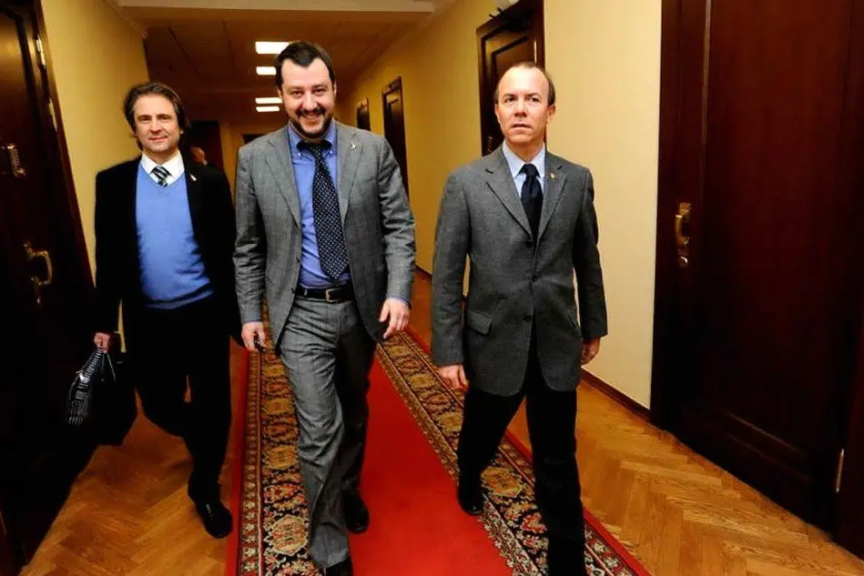 Matteo Salvini a Mosca con Claudio D'Amico e Paolo Savoini (Ansa)