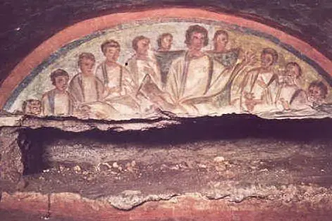 Un affresco all'interno delle catacombe di Domitilla a Roma