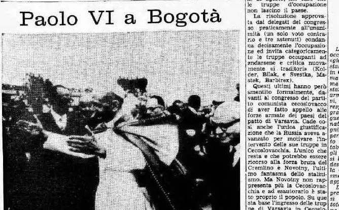 Paolo VI a Bogotà, la prima pagina de L'Unione Sarda