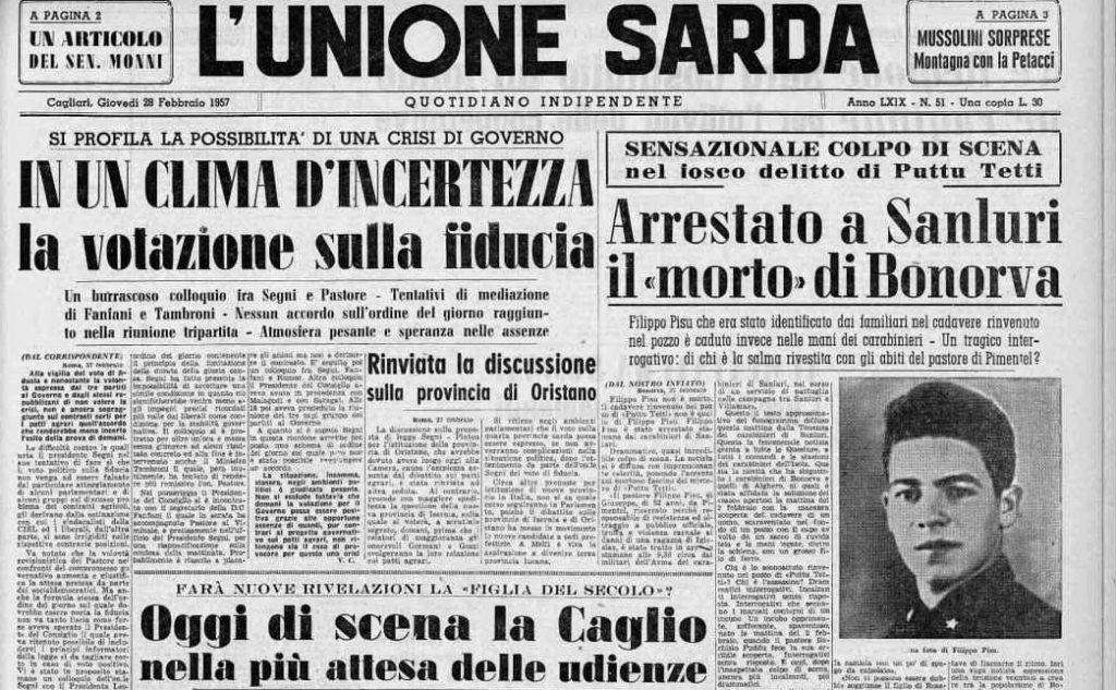 #AccaddeOggi: 28 febbraio 1957, la prima pagina de L'Unione Sarda con l'arresto del \"morto\" di Bonorva