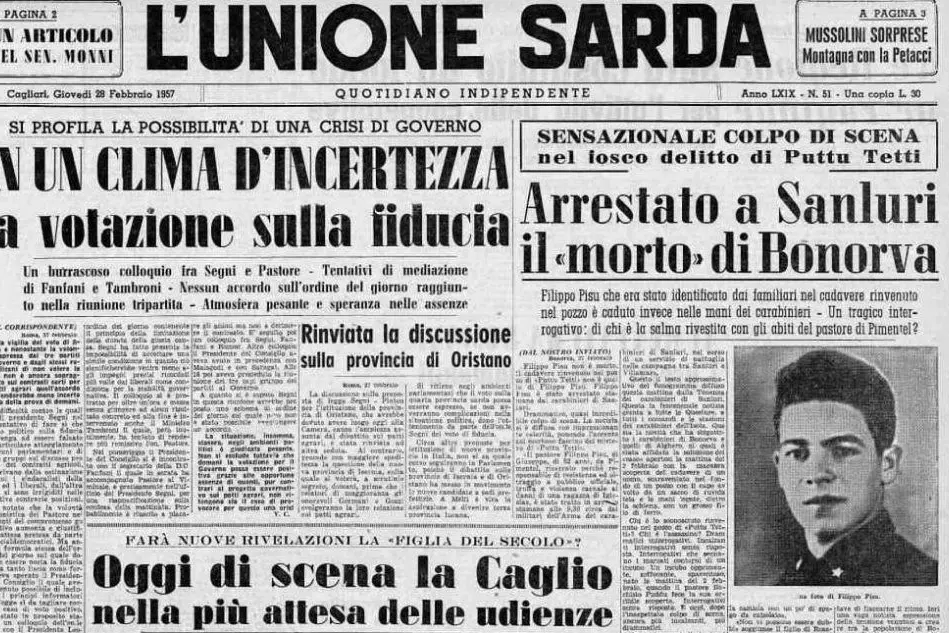 #AccaddeOggi: 28 febbraio 1957, la prima pagina de L'Unione Sarda con l'arresto del "morto" di Bonorva