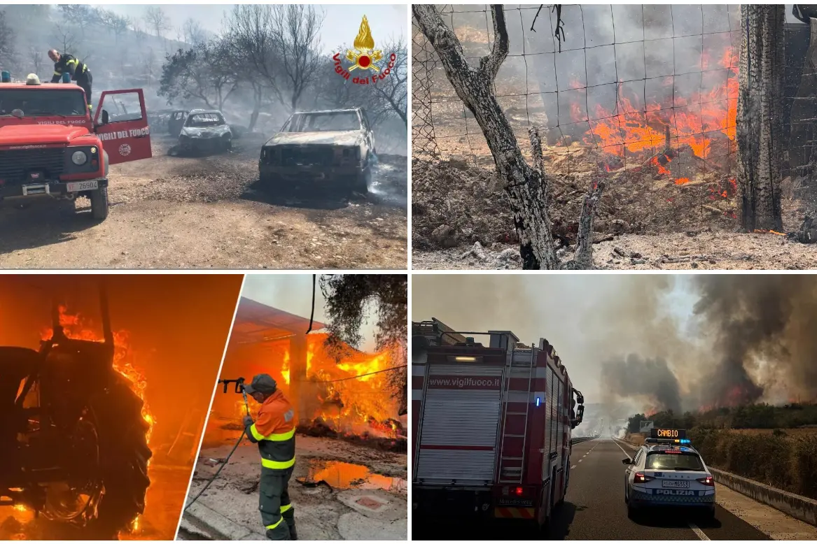 Incendi in Sardegna, in senso orario: Ozieri, Villacidro e Birori (foto Vigili del fuoco e Deidda)