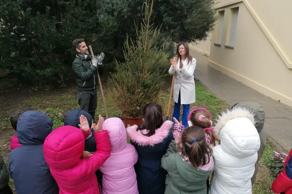La piantumazione di un albero nella scuola di via Solferino (foto del Comune)