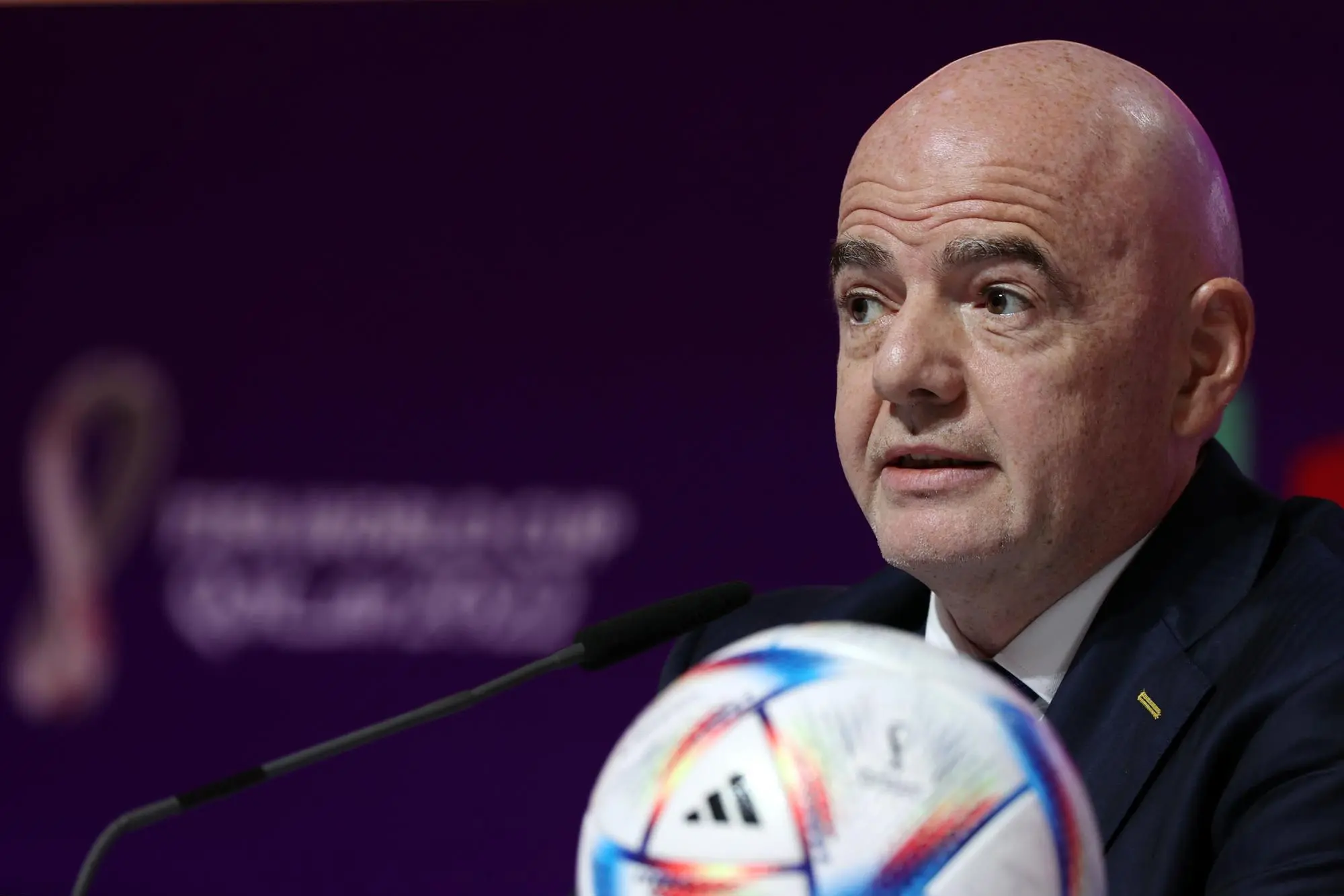 epa10313978 FIFA President Gianni Infantino addresses a press conference in Doha, Qatar, 19 November 2022. The FIFA World Cup Qatar 2022 will take place from 20 November to 18 December 2022. EPA/MOAHAMED MESSARA