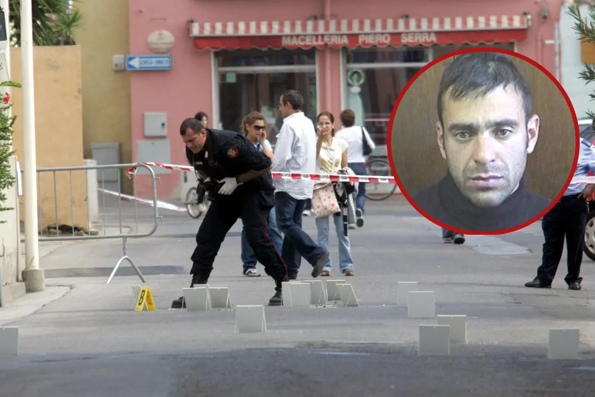 Gli inquirenti sul luogo della rapina di Pula e, nel tondo, Raffaele Nonne in una foto dell'epoca