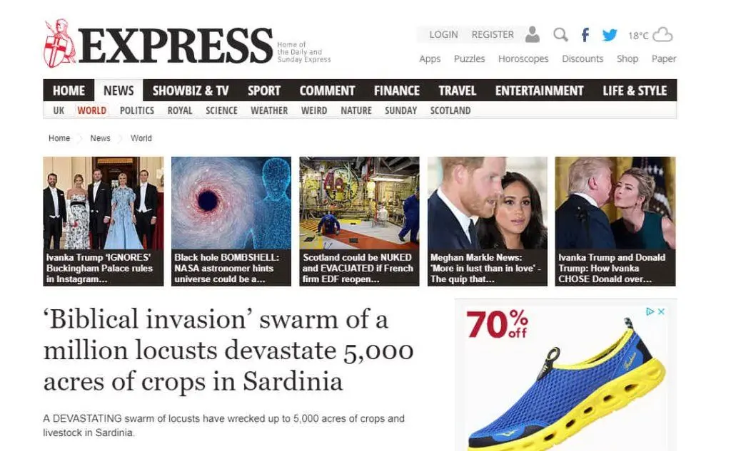 &quot;Invasione biblica di milioni di cavallette distrugge 5,000 acri di campi in Sardegna&quot;, titola il sito del britannico Express