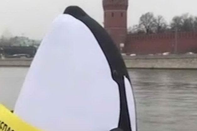 Testa gonfiabile di un'orca naviga lungo la Moscova