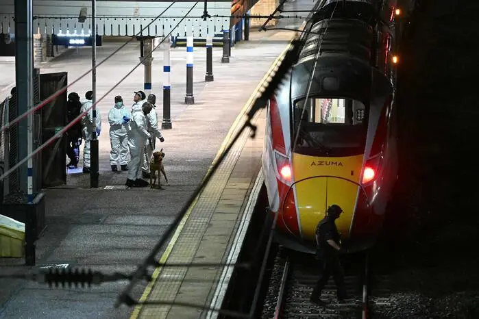 TOPSHOT - Police officers and a dog handler work on the platform alongside an LNER Azuma train at Huntingdon Station in Huntingdon, eastern England, on November 1, 2025, following a stabbing on a train. UK police said they had arrested two suspects Saturday as "a number of people" were taken to hospital after a stabbing on a train in Cambridgeshire, eastern England. "We are currently responding to an incident on a train to Huntingdon where multiple people have been stabbed," British Transport Police said on X, adding that "two people have been arrested". (Photo by JUSTIN TALLIS / AFP)