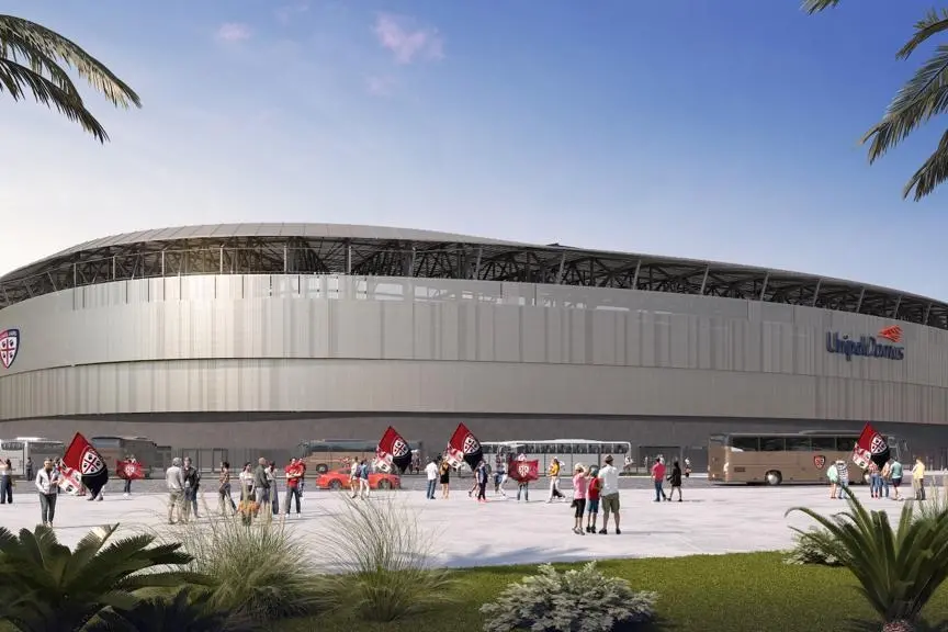 Un render del nuovo stadio del Cagliari