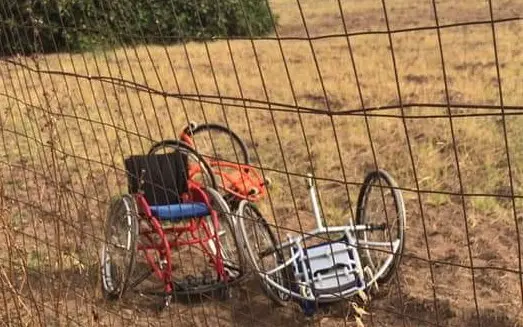 Le sedie dei disabili abbandonate in un campo (foto Tellini)