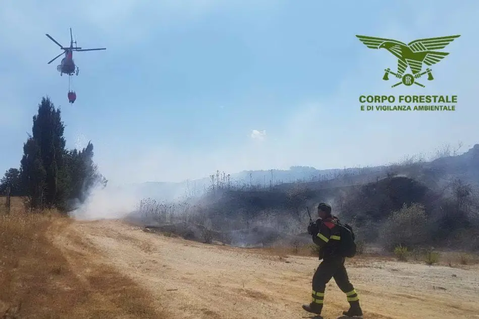 Le operazioni di spegnimento di uno degli incendi (Corpo forestale)