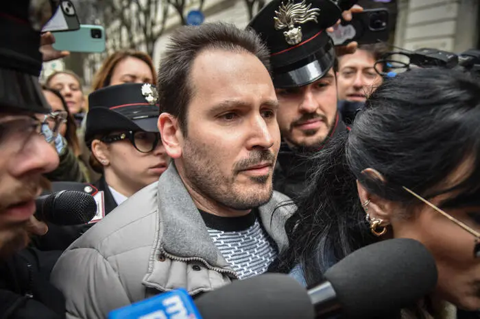 Andrea Sempio esce dalla caserma dei Carabinieri Montebello di via Vincenzo Monti accompagnato dai suoi avvocati, Milano 13 Marzo 2025 ANSA/MATTEO CORNER